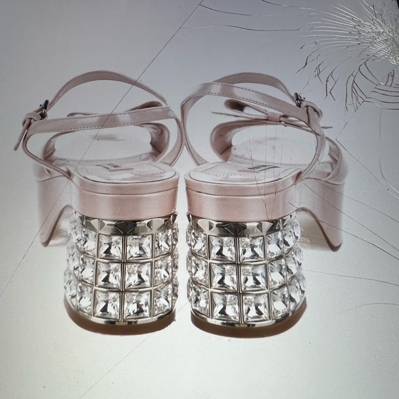 Miu miu pink platform sandals block heel crystals bow 38 1/2 - Picture 2 of 13